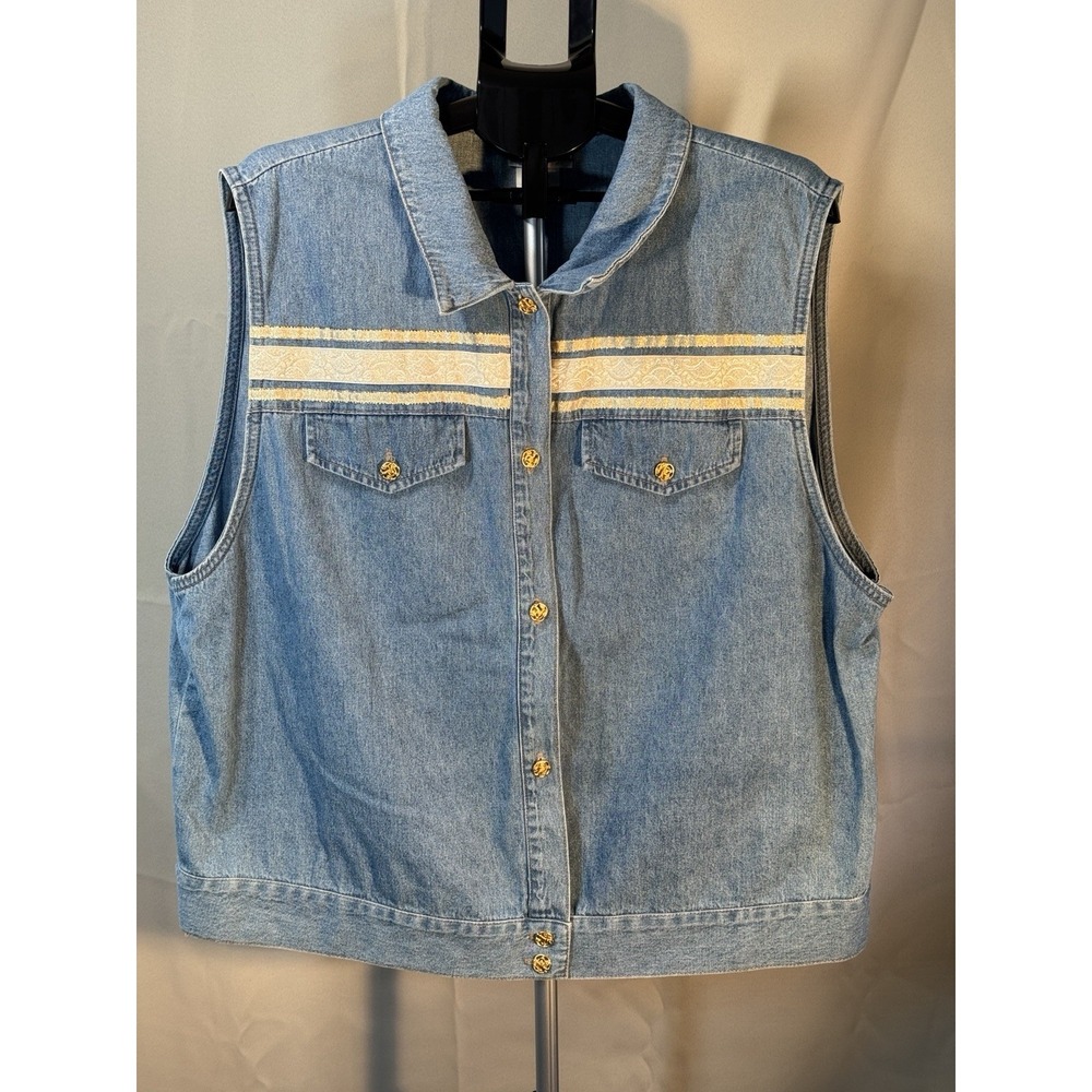 Vintage Saint Germain Denim Vest Womens 2X Made USA Gold Button Western Boho 90s